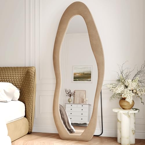 Irregular Full Length Floor Mirror, 63" x 24" Velvet Wavy Standing Mirror