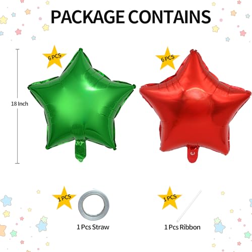 Kalor Red & Green Star Foil Balloons 18in, Pack of 10 – Mylar Star Balloons for Birthdayes, Weddings & Parties (Red & Green)