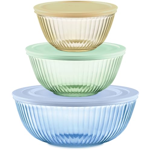 Sculpted Tinted Glass Mixing Bowls with Lids - 3-Piece Nesting Set