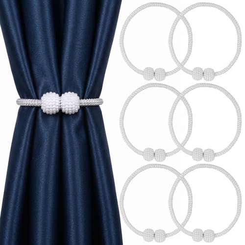 6 Pack Magnetic Curtain Tiebacks, 18.9" White Pearl Drapery Holdbacks