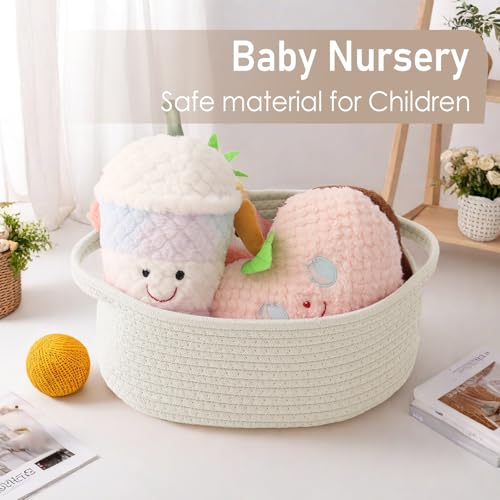 Small Woven Cotton Rope Gift Basket with Handles, White Storage Bin