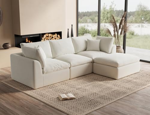 110-Inch Cloud Sectional Sofa with Ottoman, Modular L-Shaped Couch