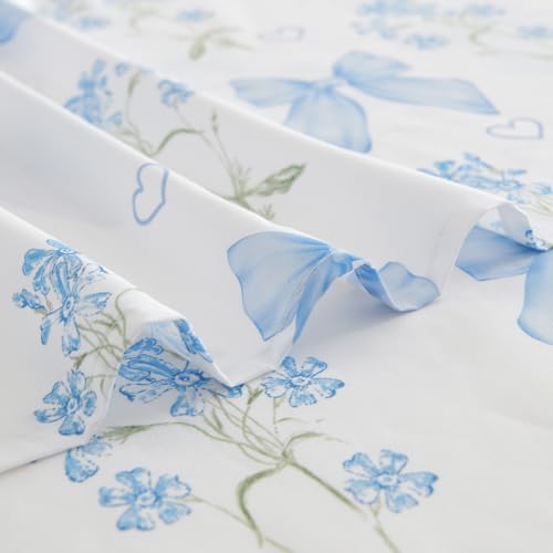 CCoutueChen Blue Bow & Floral Twin Sheet Set - Microfiber Bedroom Bedding
