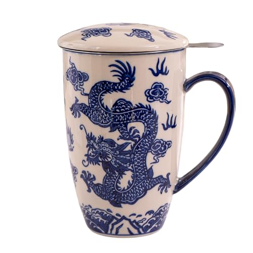 Urban Tokyo Ryu Dragon Tea Mug with Lid & Stainless Steel Infuser 15oz Porcelain