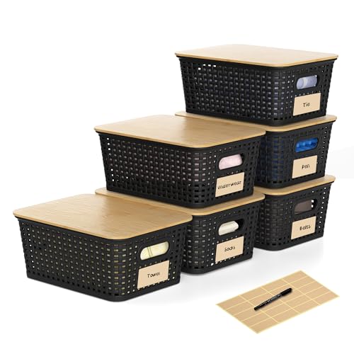 Plastic Storage Baskets with Bamboo Lids and Labels 6-Pack