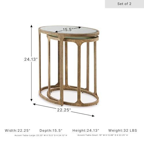 Oval Nesting Accent Table Set of 2, Gold Metal Frame with Beveled Mirror Tops