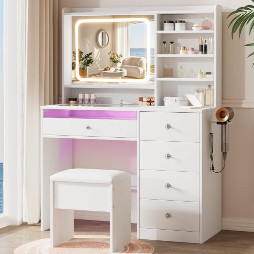 39.4-Inch Vanity Desk with Glass Top, LED Mirror, Charging Station & Stool
