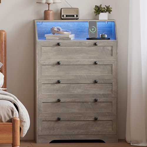 5-Drawer Tall Dresser with LED Lights, Charging Station, and Storage