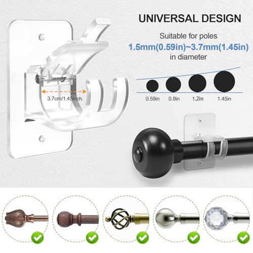 No-Drill Adhesive Curtain Rod Brackets - 6 Pack Adjustable Wall Hangers