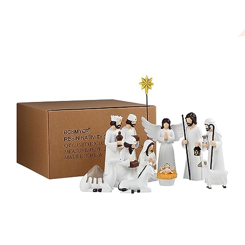 12 Piece Nativity Scene Set for Christmas Indoor Decorations - Elegant Resin Holy Family Figures