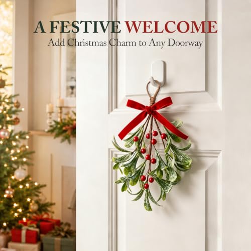 Mistletoe Hanging Decoration with Velvet Bow & Red Berries - 1Pcs, Worthyeah (Classic)