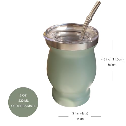 Beruth Green Yerba Mate Gourd Set with 8oz Double Walled Stainless Steel Cup, Multifunctional Lid, 2 Straws & Cleaning Brushes