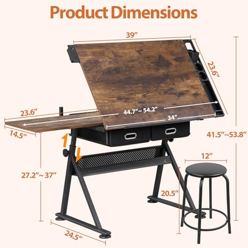 Adjustable Drafting Table Set with Charging Station and Stool