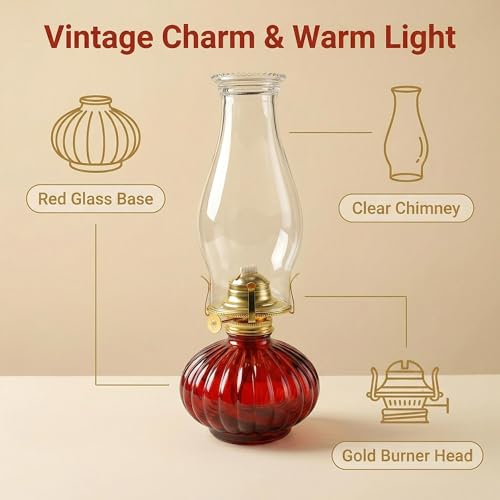 13-Inch Large Glass Kerosene Oil Lamp - Rustic Hurricane Lantern (Red)