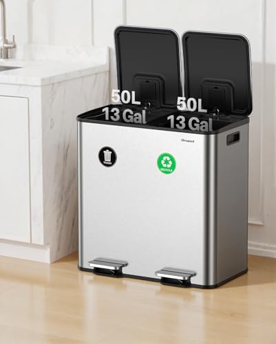 Dual Trash and Recycling Bin 26-Gallon Stainless Steel Kitchen Garbage Can
