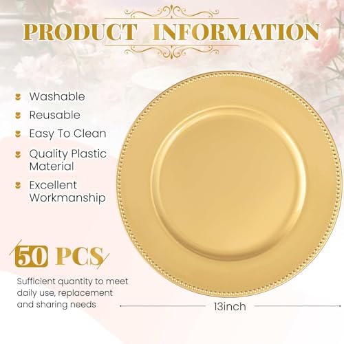 50 Pack Gold Beaded Charger Plates 13 Inch Round Decorative Tableware