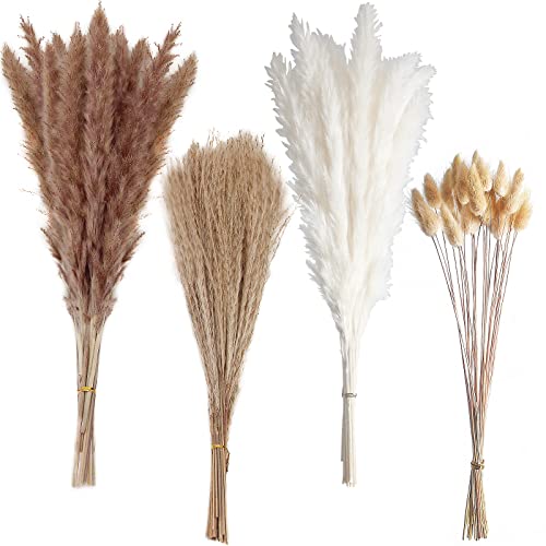 100 Pcs Dried Pampas Grass Decor - 17 Inch Small Boho Bouquet (Brown & White)