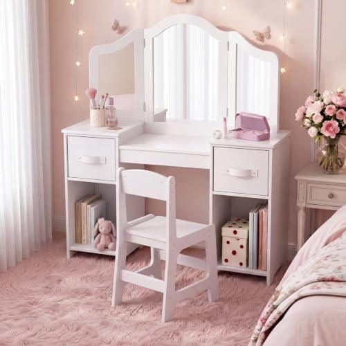 White Kids Vanity 2-in-1 Girls Makeup Dressing Table & Chair Set with Drawers