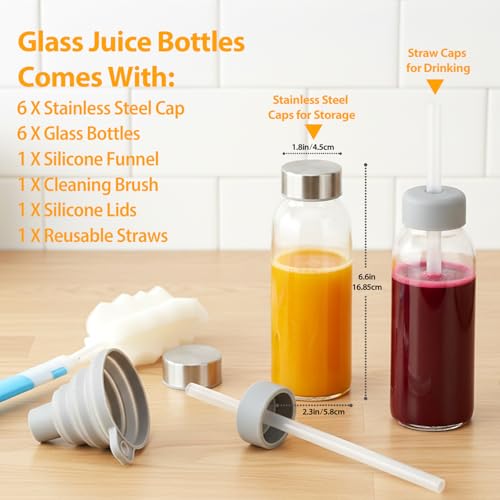 10 oz Glass Juice Bottles with Lids, 6 Pack – Leakproof Reusable Bottles