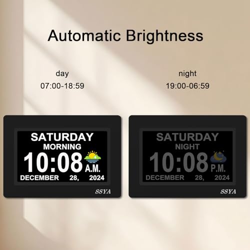 7-Inch Digital Day Calendar Clock - Auto-Dimmable Display with 12 Alarms