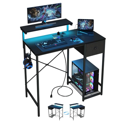 33.5" Compact Gaming Desk with LED Lights, Power Outlets, and Storage Drawer