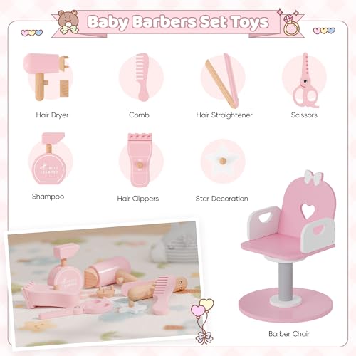 Kids Wooden Vanity Set with Lighted Mirror, Barber Chair & Salon Accessories