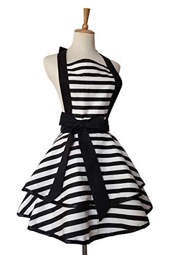 Retro Cotton Kitchen Apron with Adjustable Neck Strap - Black