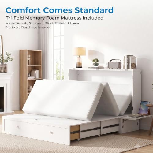 Queen Size Murphy Bed with Tri-Fold Mattress, USB Charging & Storage Drawers