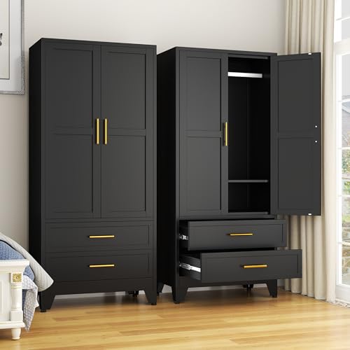 71" Metal Wardrobe Cabinet with 2 Drawers, Adjustable Shelf & Hanging Rod