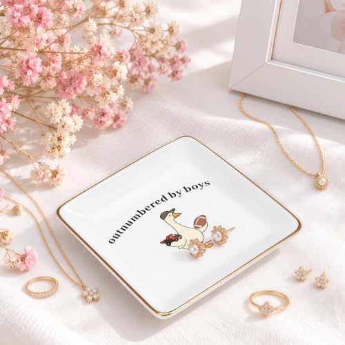 Boy Mom Jewelry Tray - Outnumbered by Boys Gift for Moms of Boys - 4 Inch Ceramic Organizer