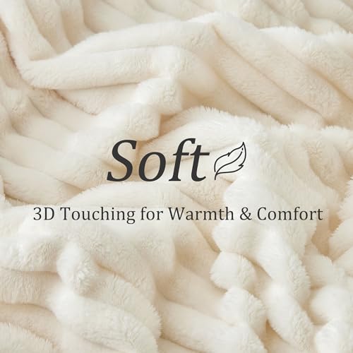BEDELITE Ribbed Fleece Throw Blanket Cream 50"x60" Cozy Soft