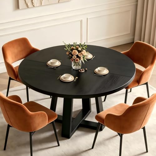 47-Inch Round Dining Table, Black Wooden Pedestal Kitchen Table for 4-6