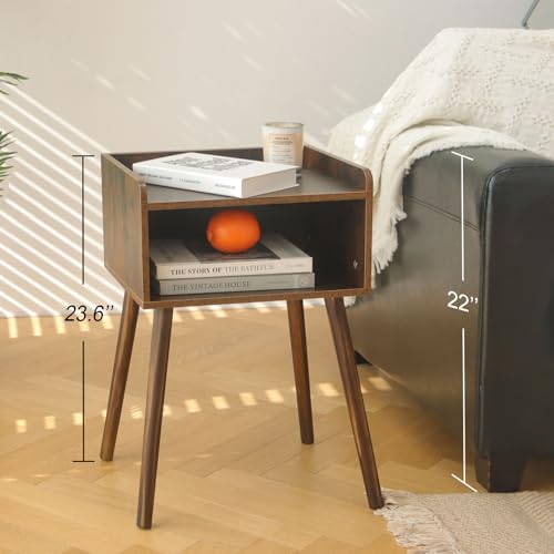 Mid-Century Modern Nightstand with 2-Tier Storage and Solid Wood Legs