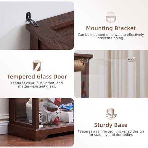 Glass Display Cabinet with Lock and Motion-Sensor LED Lights, Walnut
