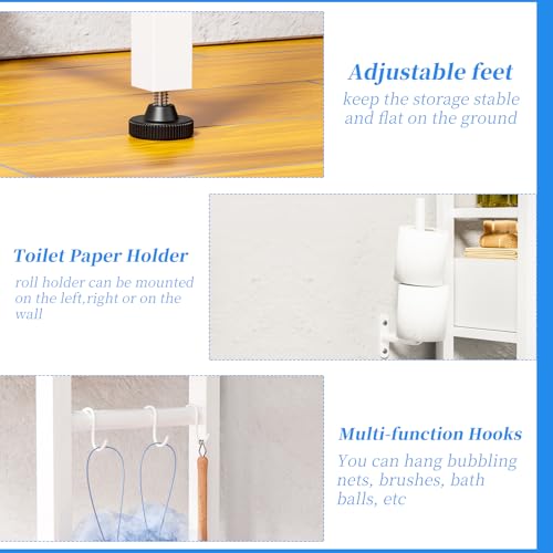 4-Tier Over The Toilet Storage Shelf with Drawers and Metal Hooks, White