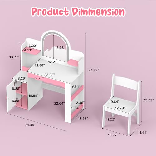Kids Vanity Table and Chair Set with LED Mirror and Storage, Pink and White