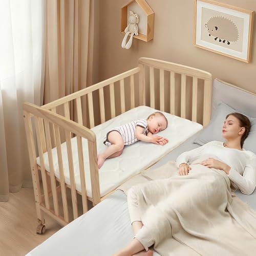 Portable Wooden Bedside Bassinet with Mattress, 6-Height Adjustable Mini Crib