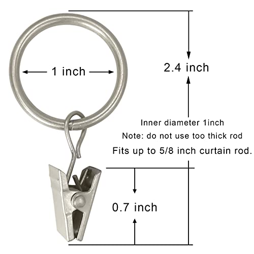 Matte Silver Curtain Rings with Clips (44 Pack) - 1-Inch ID Drapery Rings
