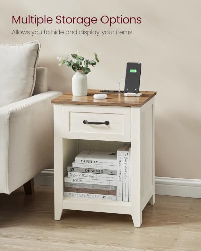 Farmhouse Nightstands with Charging Station, Set of 2 Bedside Tables