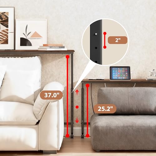 90-Inch Adjustable Height Sofa Table with Charging Station, Rustic Brown