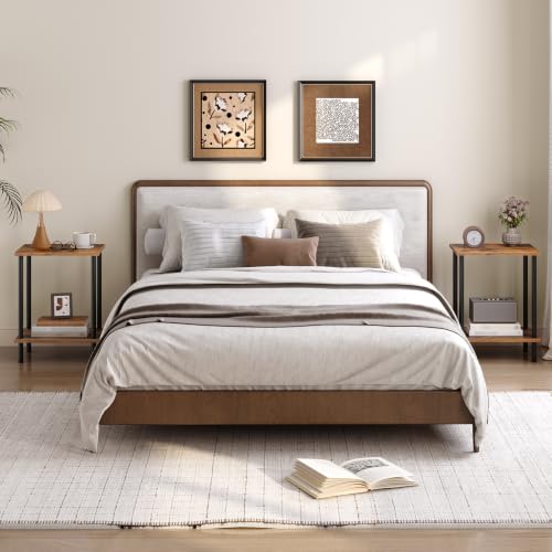 Small Side Table with 2-Tier Storage Shelves, Rustic Brown Nightstand