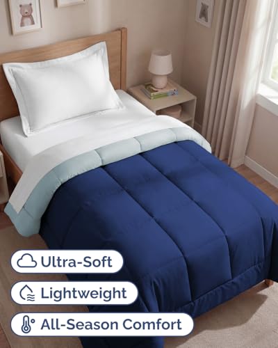 Reversible Twin Comforter - Navy Blue/Sky Blue, Soft & Cozy