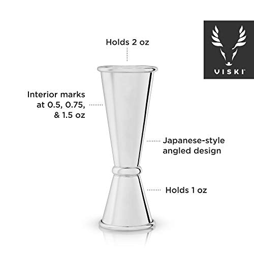 Viski Double Jigger 2oz/1oz Stainless Steel Japanese Style Bartending Tool - Silver