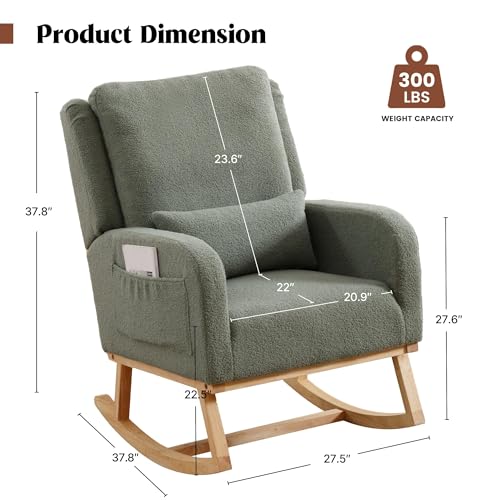 Upholstered Nursery Rocking Chair with Lumbar Pillow and Side Pockets, Green