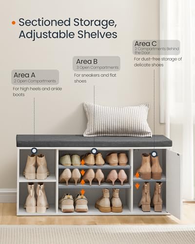 41-Inch Shoe Storage Bench with Cushion, Adjustable Shelves & Door Cabinet