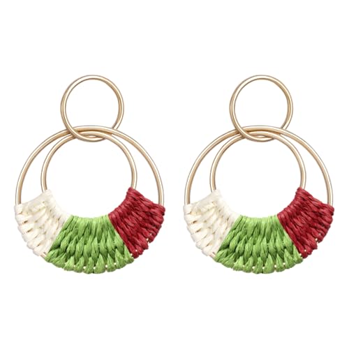 Sel fwimg Raffia Hoop Earrings Round Christmas Edition – Lightweight Boho Straw Dangle