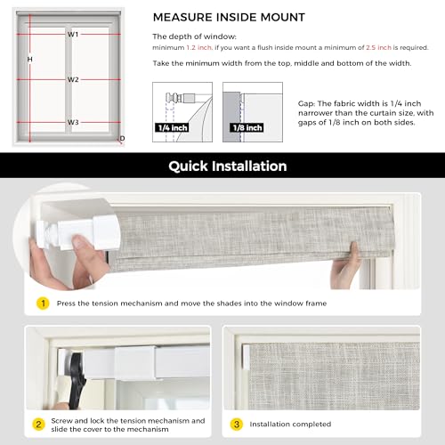 No Drill Cordless Roman Shades, 35x64 in, Room Darkening Beige