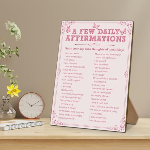 A Few Daily Affirmations Sign - 8x11 Wooden Desk Plaque with Stand, Pink Home & Office Decor