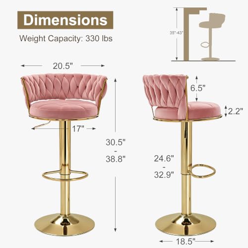 Adjustable Velvet Bar Stools with Backrest and Swivel, Set of 2