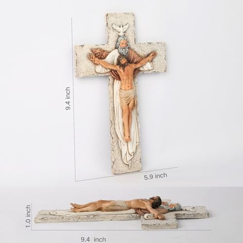 Holy Trinity Crucifix Wall Cross - 9.5-Inch Hand-Painted Stone Resin